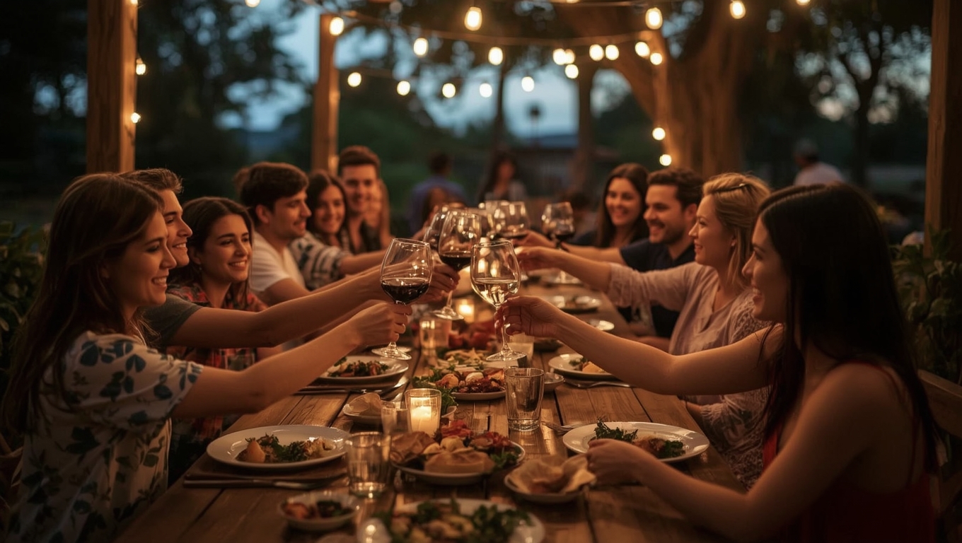 Grupo de amigos brindando con copas de vino en cena casual