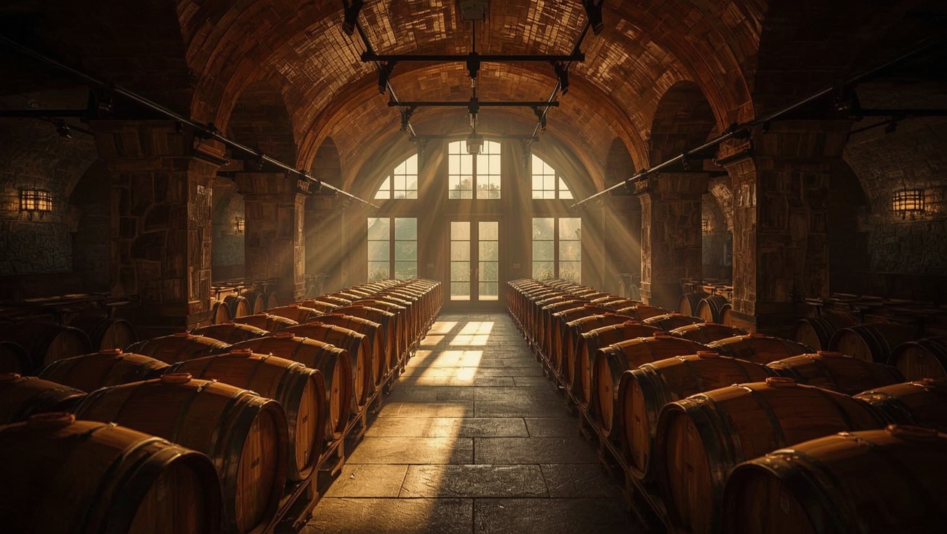Interior de bodega con hileras de barricas de roble y iluminación cálida