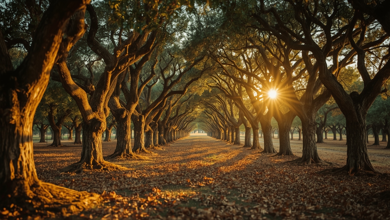 Bosque de alcornoques con corteza recién extraída mostrando troncos rojizos bajo luz dorada matutina
