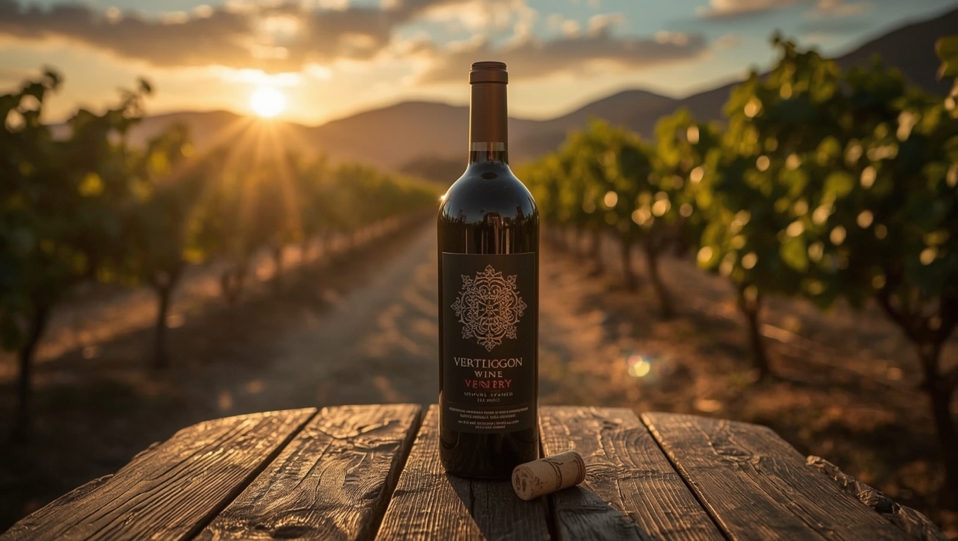 Botella de vino tinto en viñedo al atardecer con vides y montañas al fondo