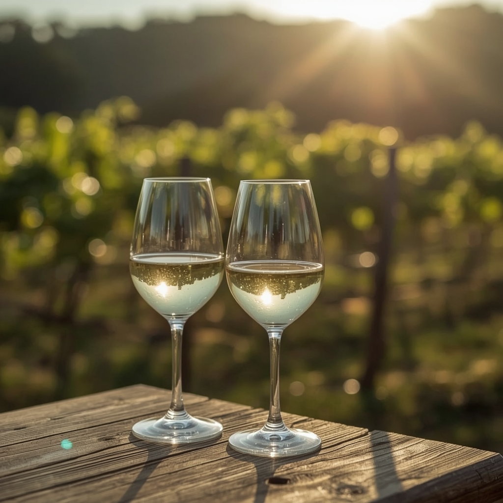 Copas de vino blanco Chardonnay en mesa de madera