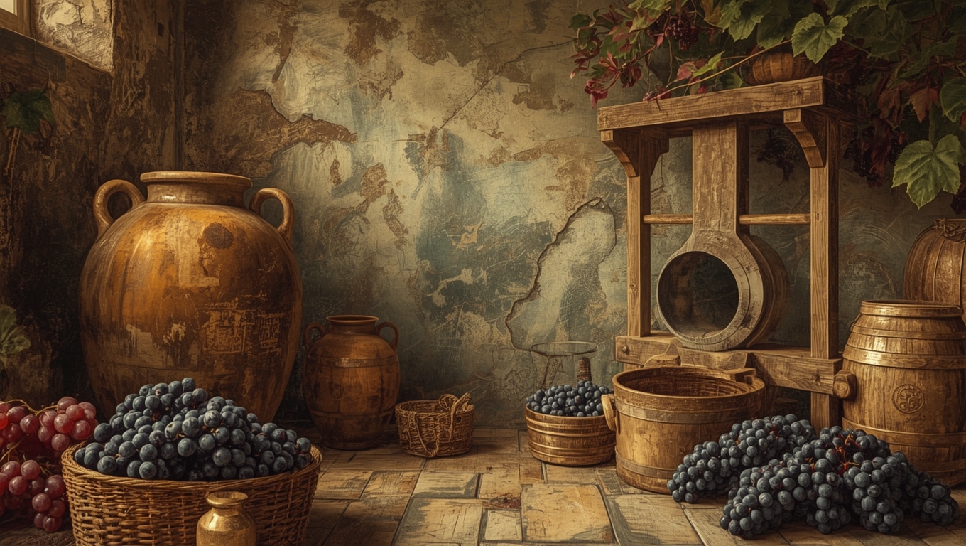 Ilustración artística de la elaboración antigua del vino con ánforas de cerámica y herramientas tradicionales