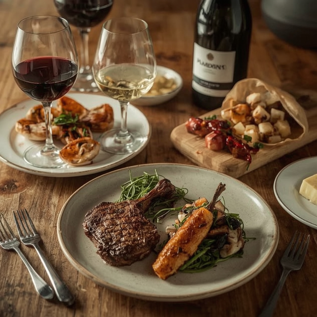 Composición de maridaje con vino tinto junto a carne y vino blanco junto a mariscos
