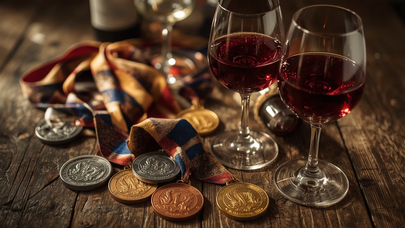 Composición de medallas de premios de vino con copas cristalinas
