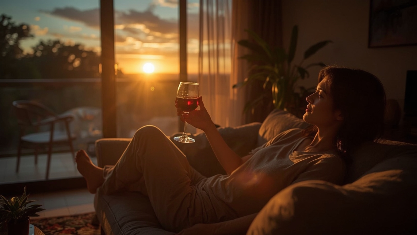 Persona relajándose con una copa de vino en ambiente cómodo al atardecer