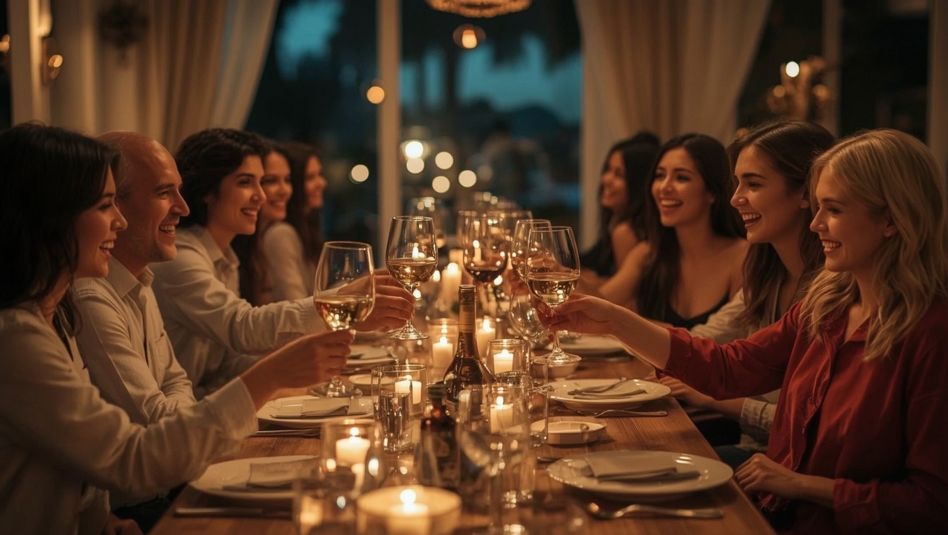 Grupo de personas brindando con copas de vino en una cena