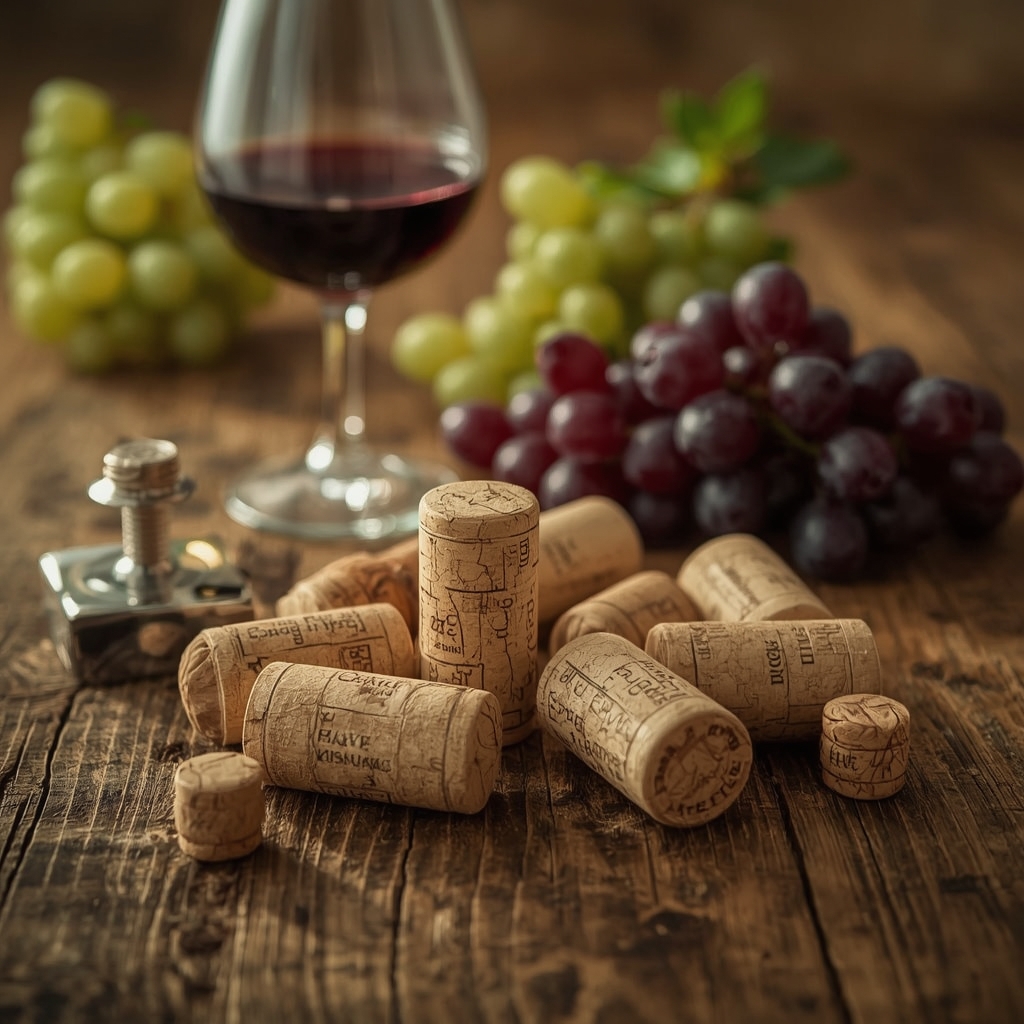 Arreglo plano de diferentes tipos de corchos de vino sobre mesa de madera rústica