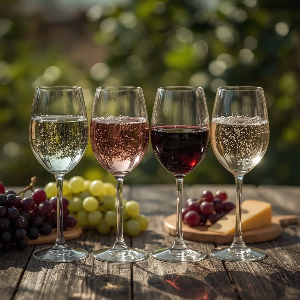Cuatro copas de vino mostrando blanco, rosado, tinto y espumoso sobre mesa rústica