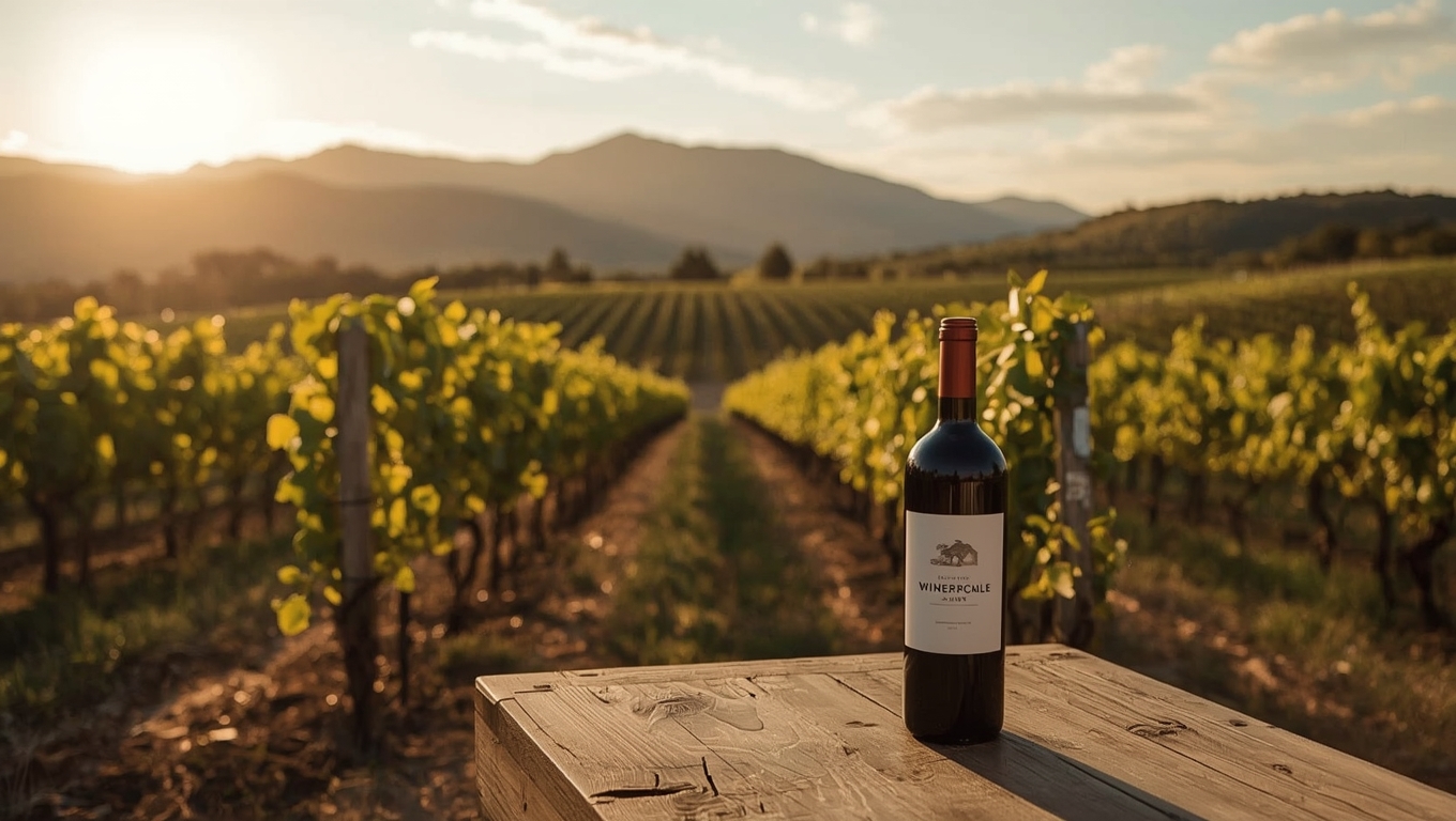 Viñedo en el Valle de la Independencia al atardecer con botella de vino